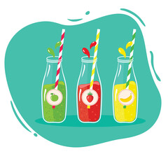 Vector illustration of three glass bottles with green red yellow fruit smoothies or juices with apple strawberry banana. Healthy diet detox vitamins vegan concept