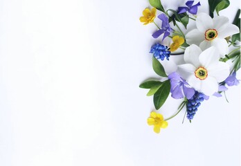 Spring bouquet with white daffodils on a white background. Delicate floral arrangement. Background for a greeting card.