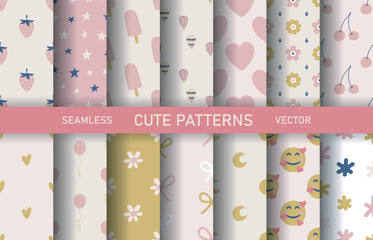 Set of seamless vector cute patterns. Collection of multicolor hand drawn scrapbook decoration backgrounds. For fabric, textile, banner, design, wrapping.