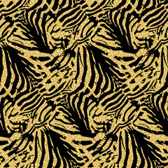 Golden zebra skin, animalistic seamless pattern black gold shimmer shiny zebrano background