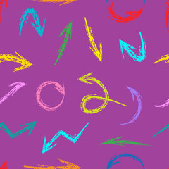 Seamless pattern with color hand-drawn arrows on purple background.