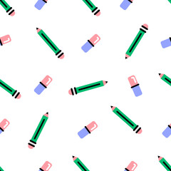 Seamless modern pattern with pencil and eraser. School background, office pattern