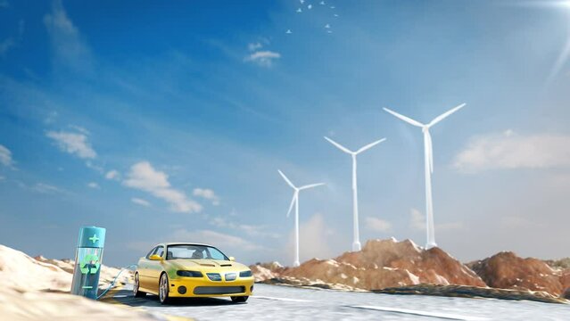 3D animation charging electric car with battery on the road location.Windmill animation loop for ecology system air fresh.