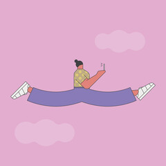 Woman jumping taking a selfie photography. Isolated vector illustration.