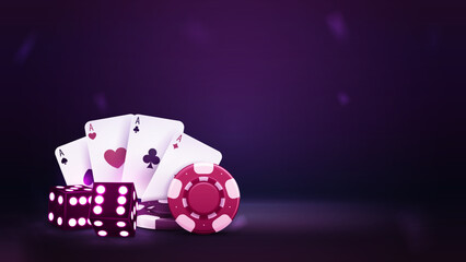 Purple dice with red and black casino chips and playing cards in purple blank scene