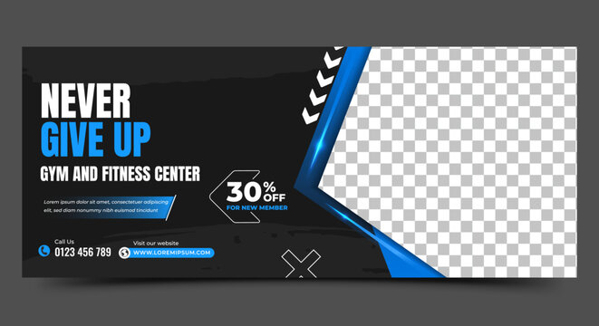 Fitness center horizontal banner design template. Editable modern banner with place for the photo