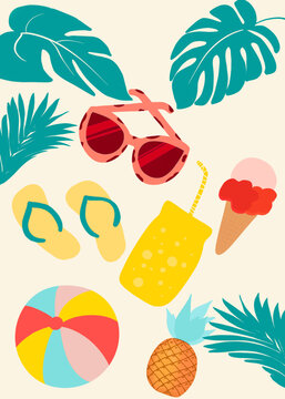 Illustration estivale, tong, ballon de plage, glace, lunette de soleil, fond transparent