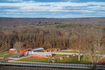 high angle view of a sunlit farm next to a forest one winter afternoon