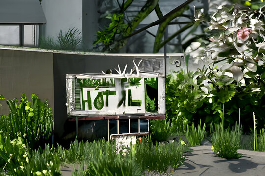 A 3d Digital Rendering Of A Broken Down Hotel With Overgrown Weeds And Broken Sign.