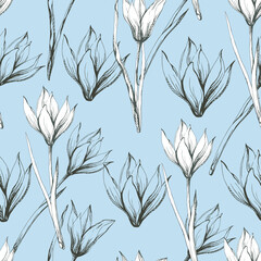 Vintage blue background with outline flowers, seamless pattern with hand drawn ink tulips