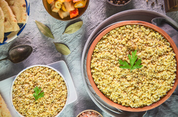Arabic Cuisine; Middle Eastern authentic Freekeh. Freekeh is an ancient grain made from roasting the young green grains of durum wheat.