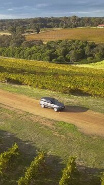 Aerial view of a car driving on a road through green fields on a sunny day
