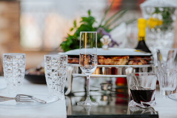 Served party table on white background. Atmosphere of celebration.