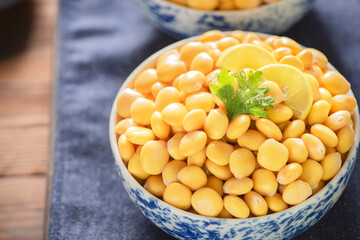 Arabic Cuisine; Middle Eastern traditional snack Lupin beans or Termes. It's very healthy beans that can be served as snack or antipasti. Close up with copy space.