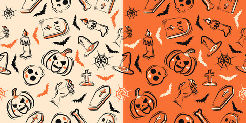 Doodle seamless pattern Halloween with skull, pumpkin and other vector