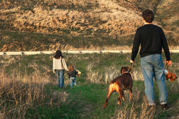 a young man is standing on the road with a big dog and a child's toy, his wife and child are leaving him. Divorce in a young family