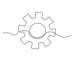 Gear wheel in motion symbol technology, continuous one line drawing. Moving cog gear mechanism for business work concept. Contour single outline. Vector illustration