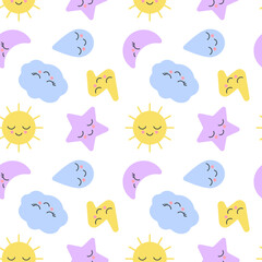 Sleepy nature weather kid pattern with cute face toy sun, moon month, star, cloud, drop and lightning for baby design. Seamless background for childish fabric, textile, print sign. Kids sleep. Vector