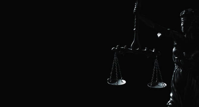 Fragment of statue of daughter of Zeus and Themis virgin goddess of innocence and purity Astraea (Astrea, Astria) with mechanical weighing scale of truth and justice. Horizontal image.