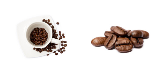 Cup of coffee and coffee beans isolated on white background