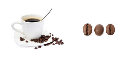 Cup of coffee and coffee beans isolated on white background