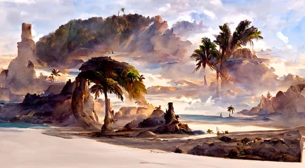 Photo sur Aluminium Marron profond Artistic concept of watercolor beautiful painting of landscape with holiday climate and island along with palm trees and ocean