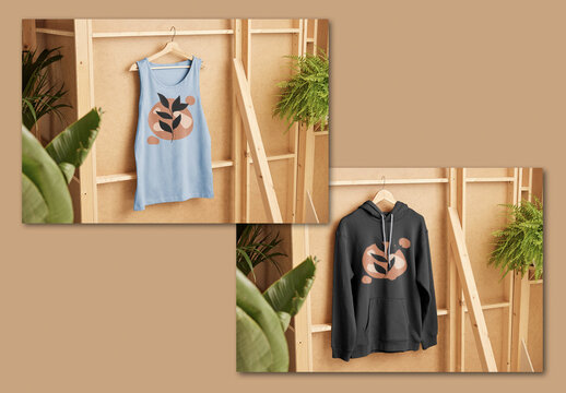 Hoodie and Tank Top Mockups on Wooden Background with Plants