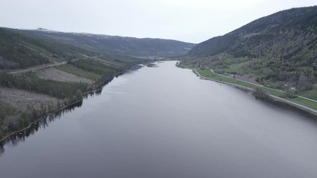 Aerial drone footage of a river on a cloudy day in Al, Hallingdal, Norway