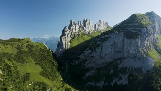 Aerial view of a mountain peak on Swiss Alps, Sax, St. Gallen, Switzerland.