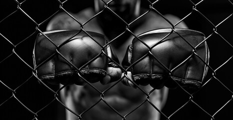 Black and white image of a man in a boxing cage. The concept of sports, Muay Thai, martial arts.