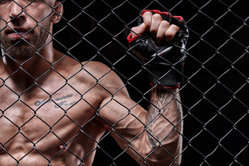 Dramatic image of a mixed martial arts fighter standing in an octagon cage. The concept of sports,...