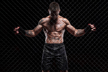 Dramatic image of a mixed martial arts fighter standing in an octagon cage. The concept of sports, boxing, martial arts.
