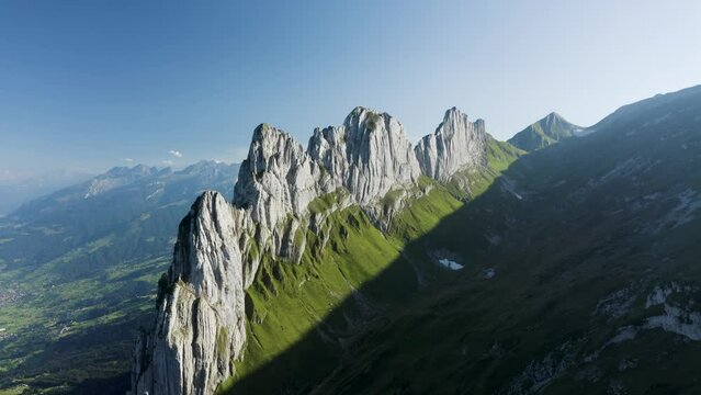 Aerial view of a mountain peak on Swiss Alps, Sax, St. Gallen, Switzerland.