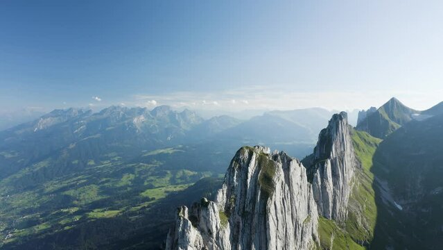 Aerial view of a mountain peak on Swiss Alps, Sax, St. Gallen, Switzerland.
