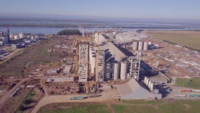Aerial footage of a biodiesel production company in a rural area in daylight
