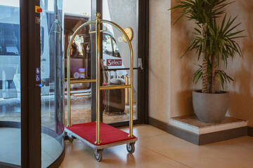Antalya, Turkey 07 14 22 Hotel luggage cart , baggage trolley in the hotel lobby hallway background or Bellman luggage cart © KatrinaEra