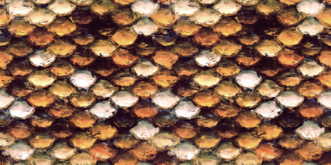 Seamless abstract hand drawn fish scales or snake skin background texture. Tileable mermaid or dragon sea motif painted in artistic brown boho earth tones brush strokes. Wildlife or safari wallpaper..