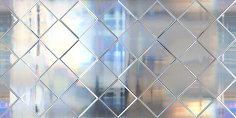 Seamless iridescent pastel diamond etched frosted privacy glass background texture. Tileable reflective holographic metallic mirror foil pastel pattern. Retro 80s vaporwave aesthetic 3D rendering..