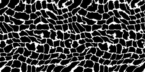 Seamless giraffe fur or snake skin pattern. Tileable black and white safari wildlife animal print background texture. Monochrome warbled abstract wavy wonky square patchwork tile mosaic motif..
