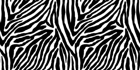 Seamless hand painted zebra skin stripe pattern. Tileable black and white african safari wildlife animal print background texture. Monochrome bold abstract wavy wonky jungle tiger lines motif.. - obrazy, fototapety, plakaty