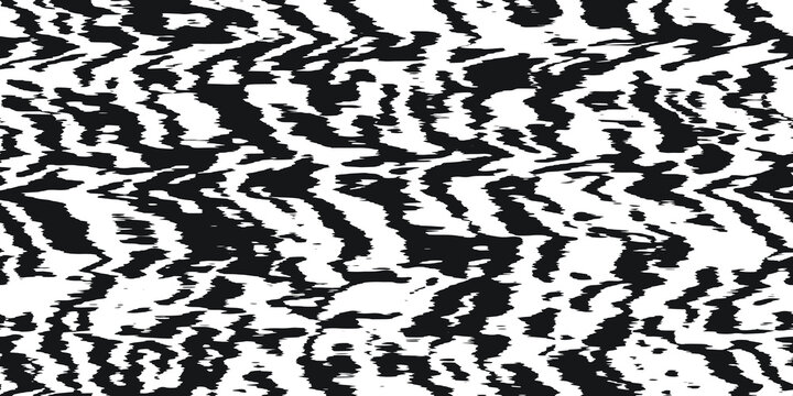 Seamless tiger stripe fur or zebra skin pattern. Tileable black and white safari wildlife animal print background texture. Monochrome warbled abstract wavy wonky abstract glitch lines motif..