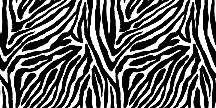 Seamless hand painted zebra skin stripe pattern. Tileable black and white african safari wildlife animal print background texture. Monochrome bold abstract wavy wonky jungle tiger lines motif..