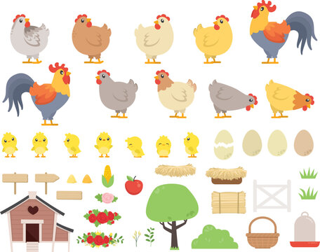 Cute Chicken Coop with Chicken Rooster and Baby Chicks Farm Easter Illustration Set