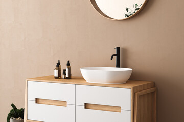 Close up of white sink with oval mirror standing in on beige wall , wooden cabinet with black faucet in minimalist bathroom. 3d rendering
