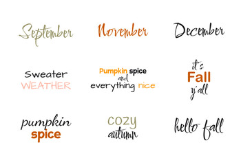 Collection of autumn hand lettering and calligraphy design elements isolated on white background. Set of handwritten phrases on autumn theme in modern black brush pen style. Vector illustration.
