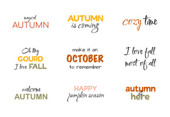Collection of autumn hand lettering and calligraphy design elements isolated on white background. Set of handwritten phrases on autumn theme in modern black brush pen style. Vector illustration. 