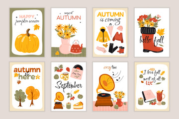 Set of a modern autumn posters. Hand written lettering quote. Trendy calligraphy poster. Cozy phrase for winter or autumn time. Inspirational fall sign.	