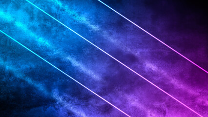 Colorful neon lines in smoke on the background of an old concrete wall, purple and blue lights in cyberpunk style, futuristic colors, modern creative design, energy pattern
