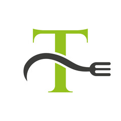 Letter T Restaurant Logo Concept With Fork Vector Template