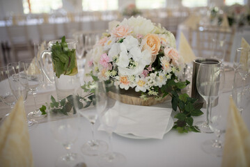 Beautiful flowers on the table at the wedding day